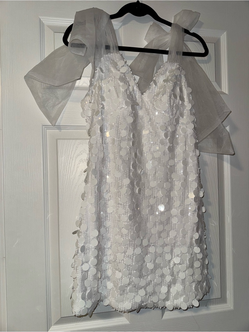 White Sequin Party Dress with Sheer Bow Straps